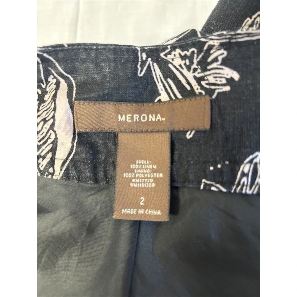 Merona Womens A Line Skirt Size 2 Black Floral Linen Canvas Lined Knee Length